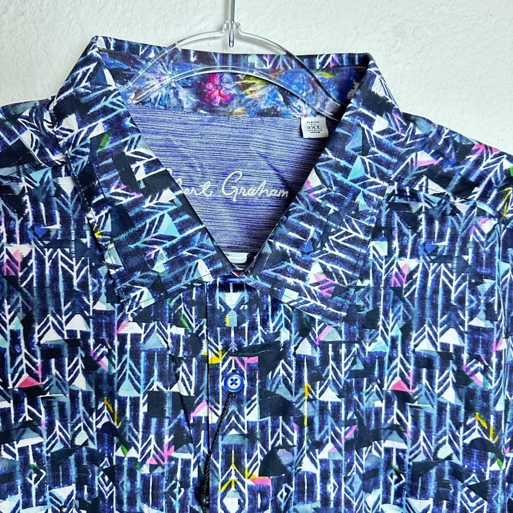 Robert‎ Graham Bates Mens 3XL Classic Fit Geometric Print Button Down Shirt Blue